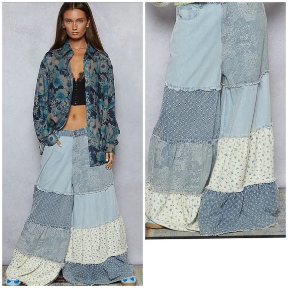 POL Palazzo Patchwork Denim Pants - Picture 2 of 6